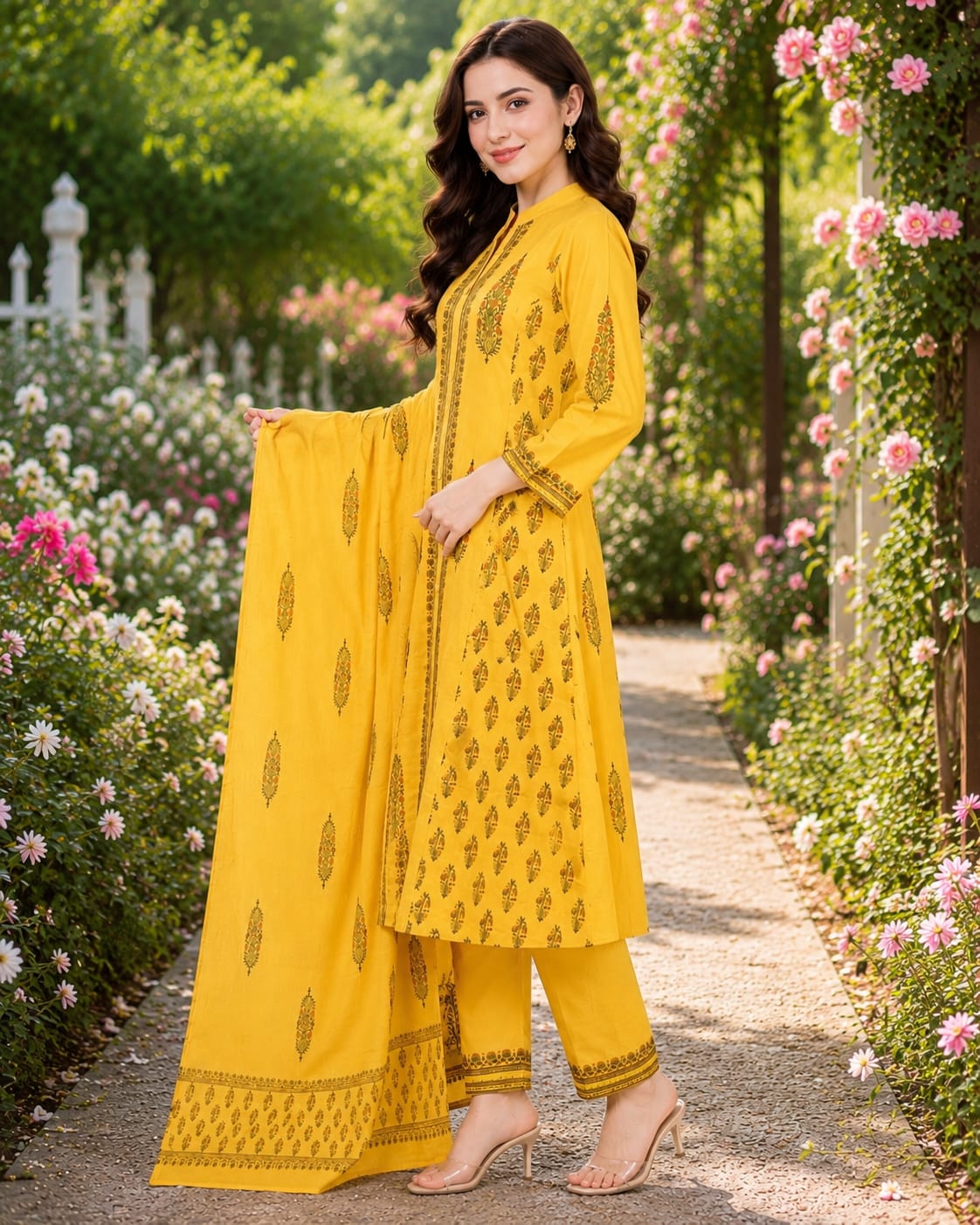 Yellow Handblock printed Straight 3 pcs Kurta set for women with Sequin handwork detailing on neckline