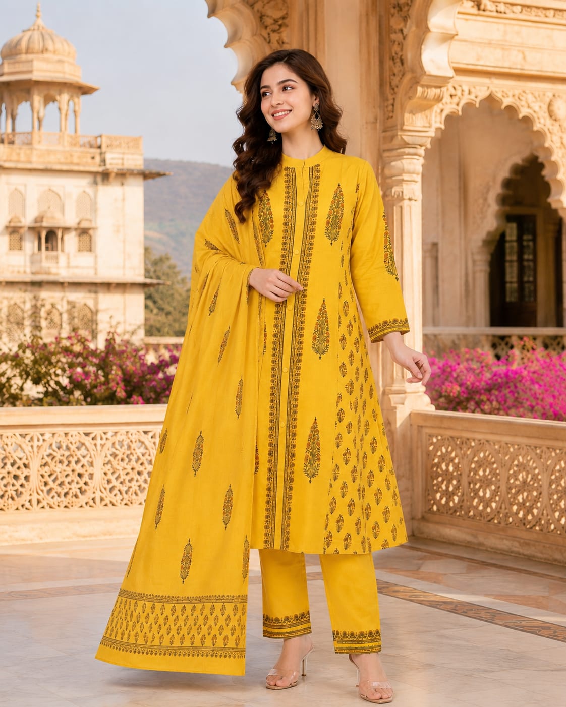 Yellow Handblock printed Straight 3 pcs Kurta set for women with Sequin handwork detailing on neckline