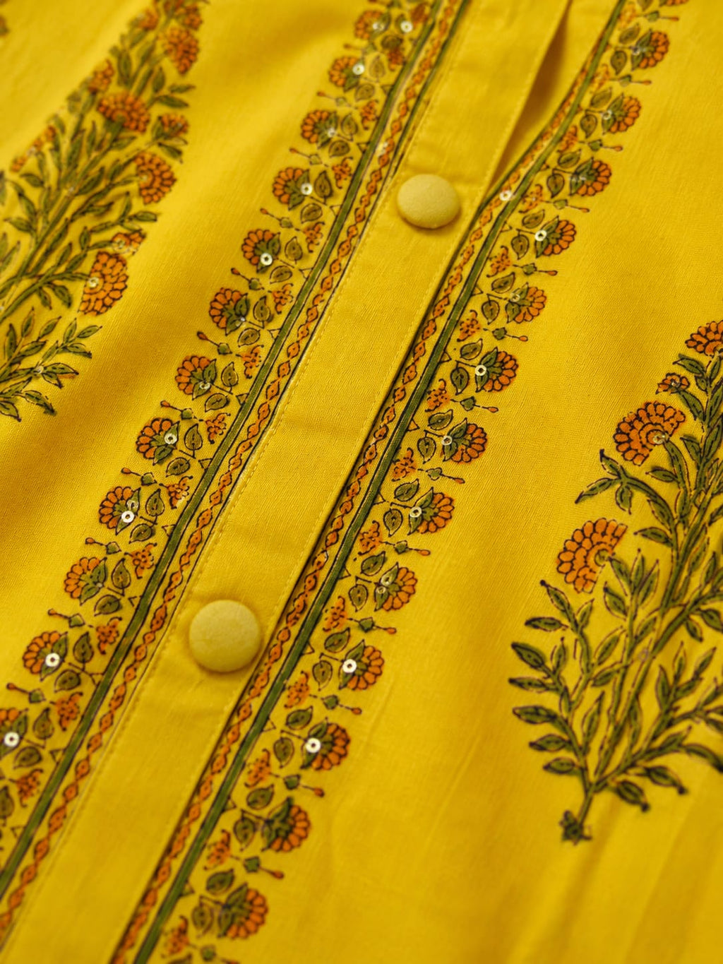 Yellow Handblock printed Straight 3 pcs Kurta set for women with Sequin handwork detailing on neckline