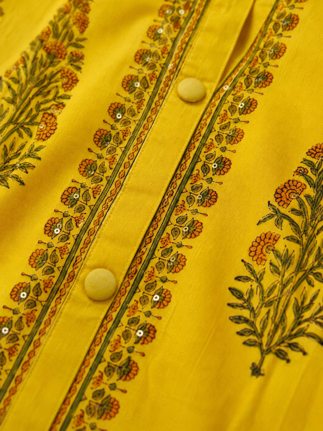 Yellow Handblock printed Straight 3 pcs Kurta set for women with Sequin handwork detailing on neckline