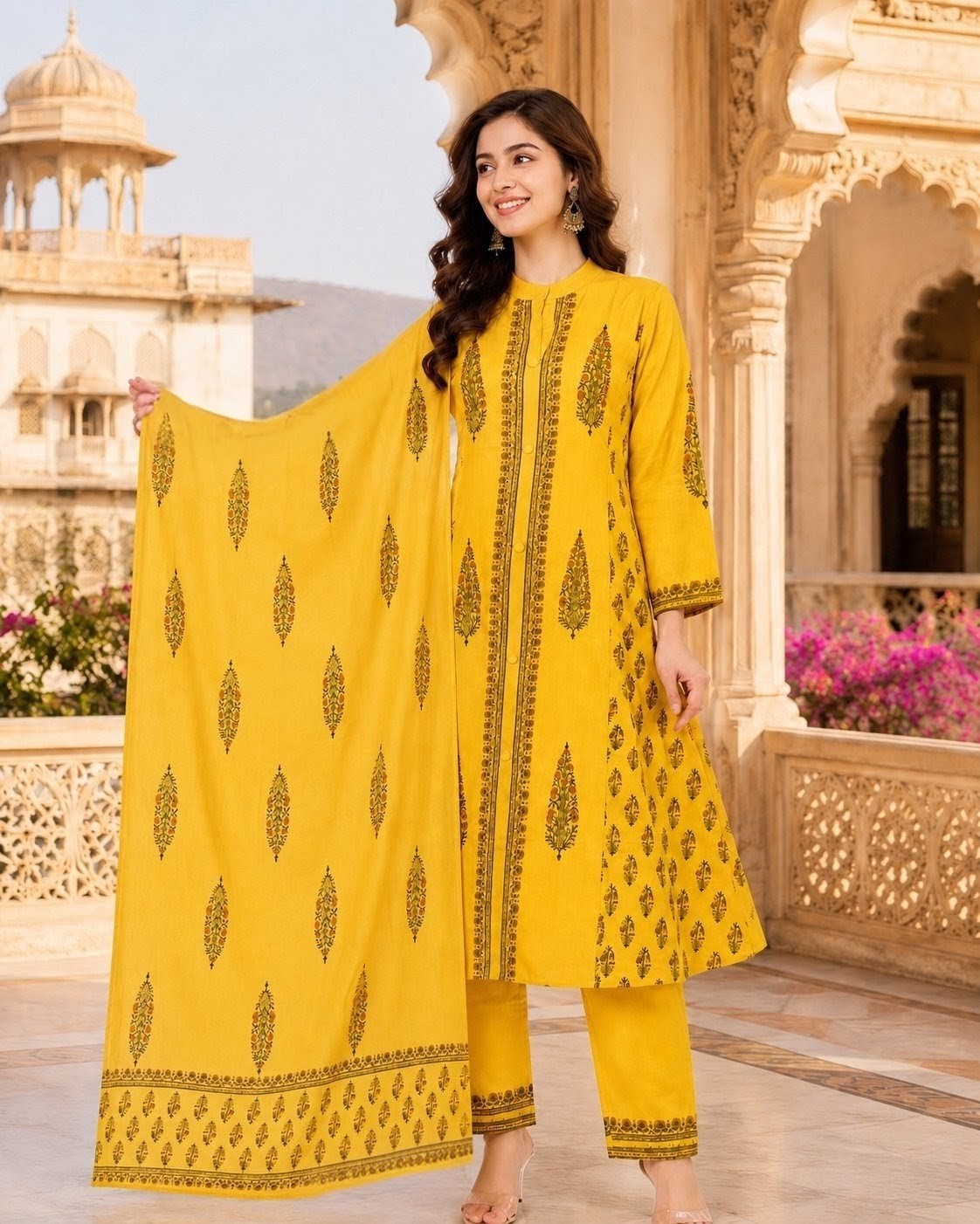 Yellow Handblock printed Straight 3 pcs Kurta set for women with Sequin handwork detailing on neckline
