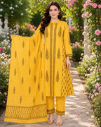 Yellow Handblock printed Straight 3 pcs Kurta set for women with Sequin handwork detailing on neckline