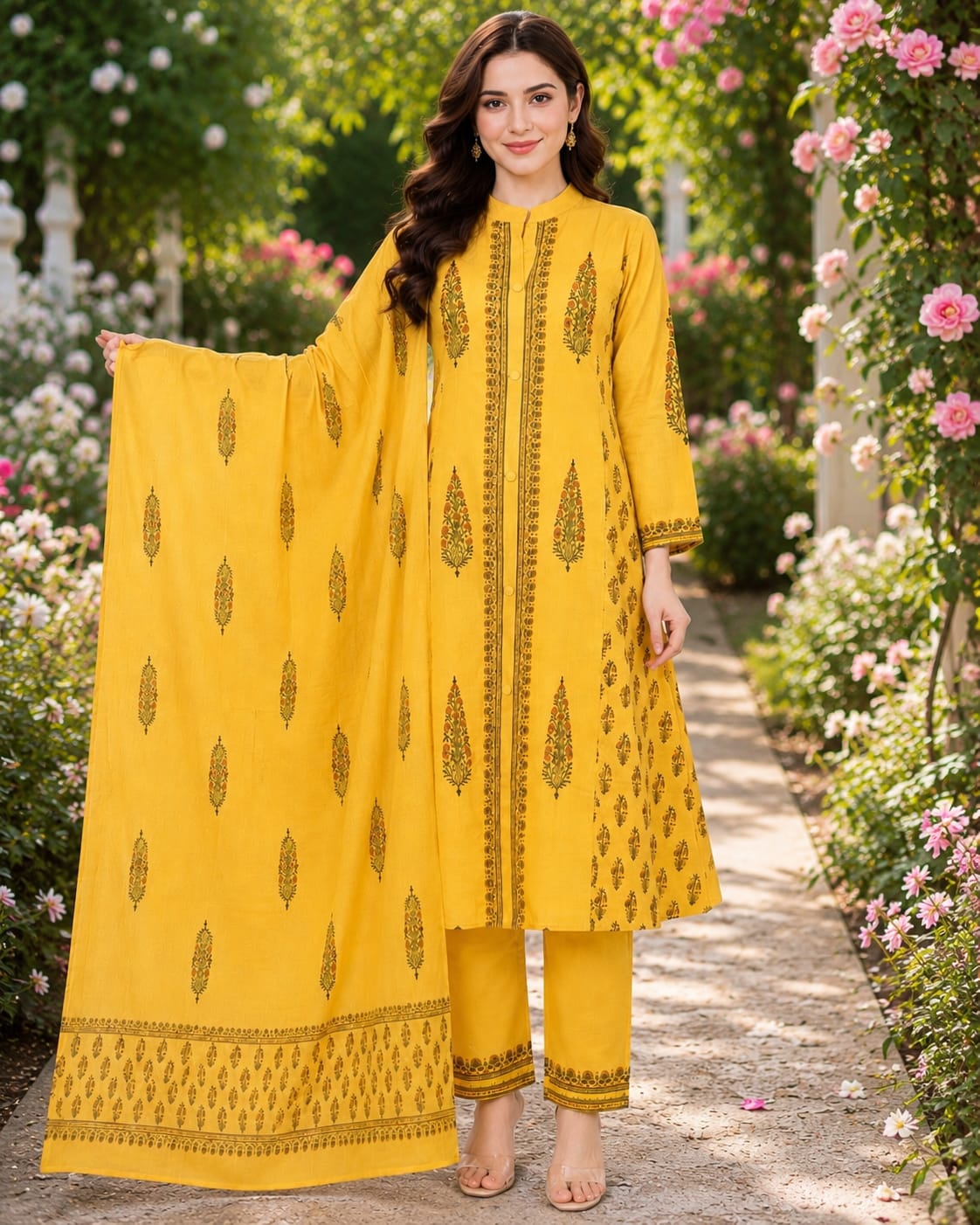 Yellow Handblock printed Straight 3 pcs Kurta set for women with Sequin handwork detailing on neckline