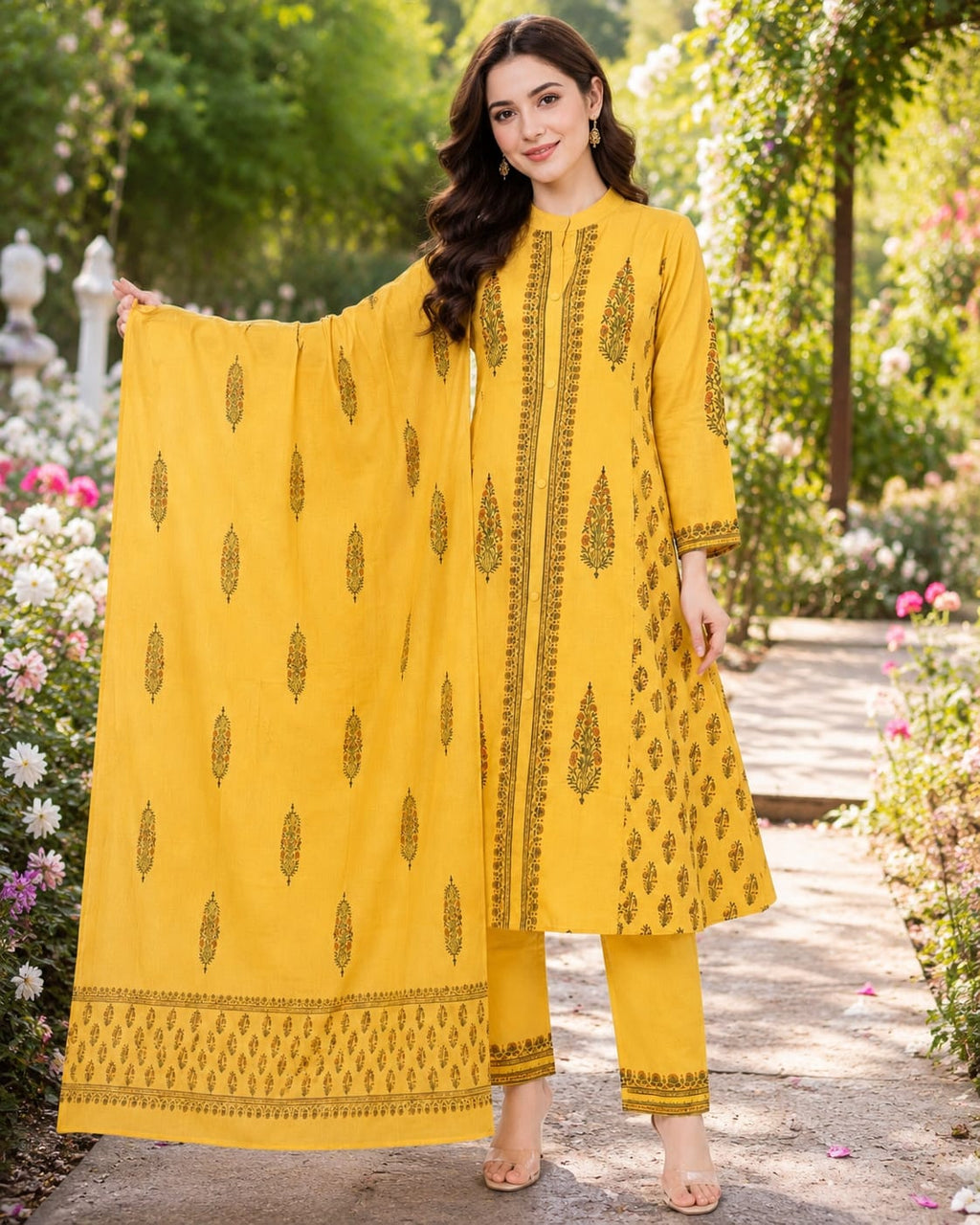 Yellow Handblock printed Straight 3 pcs Kurta set for women with Sequin handwork detailing on neckline