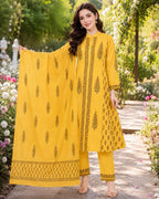 Yellow Handblock printed Straight 3 pcs Kurta set for women with Sequin handwork detailing on neckline