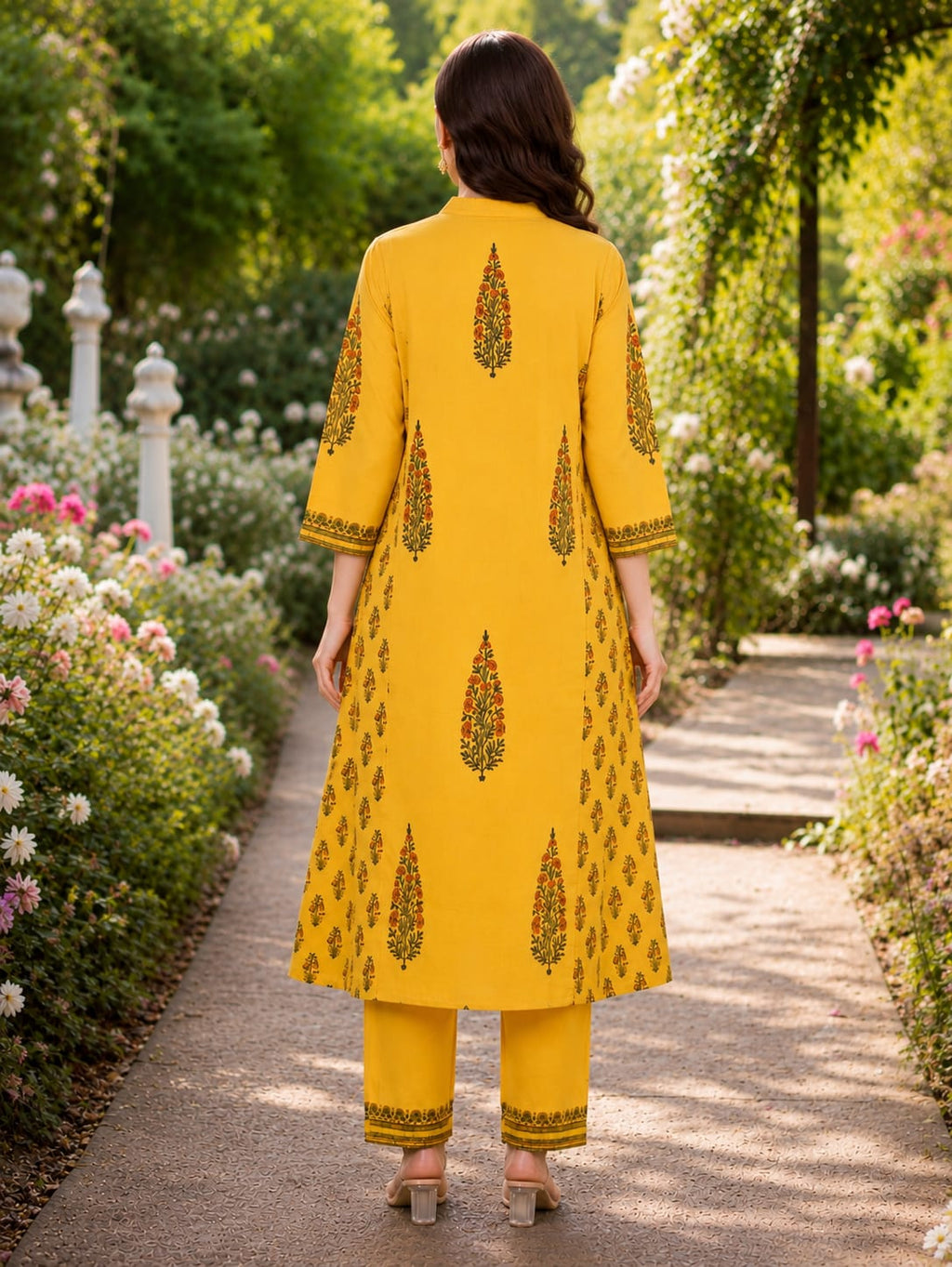 Yellow Handblock printed Straight 3 pcs Kurta set for women with Sequin handwork detailing on neckline