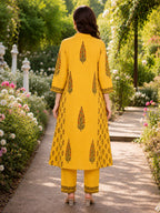 Yellow Handblock printed Straight 3 pcs Kurta set for women with Sequin handwork detailing on neckline