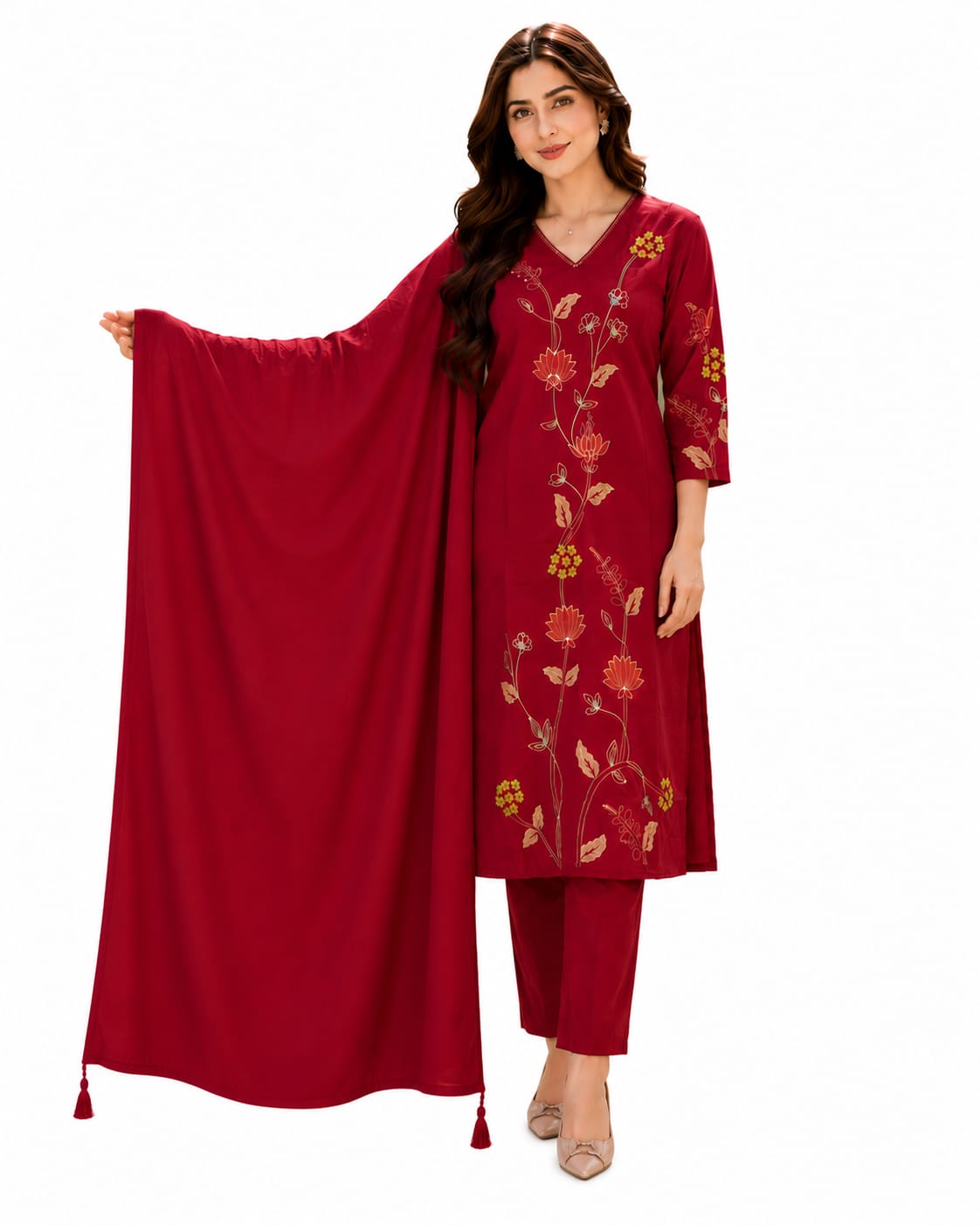 Red Embroidered and Sequin handwork Straight Kurta set with dupatta for women with and Embroidery Handwork on sleeves for a Beautiful Elegant look