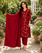 Red Embroidered and Sequin handwork Straight Kurta set with dupatta for women with and Embroidery Handwork on sleeves for a Beautiful Elegant look