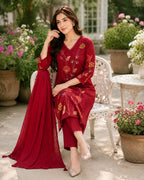 Red Embroidered and Sequin handwork Straight Kurta set with dupatta for women with and Embroidery Handwork on sleeves for a Beautiful Elegant look