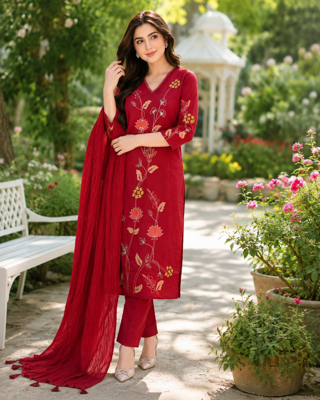 Red Embroidered and Sequin handwork Straight Kurta set with dupatta for women with and Embroidery Handwork on sleeves for a Beautiful Elegant look