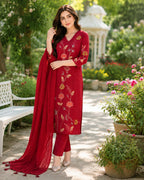 Red Embroidered and Sequin handwork Straight Kurta set with dupatta for women with and Embroidery Handwork on sleeves for a Beautiful Elegant look