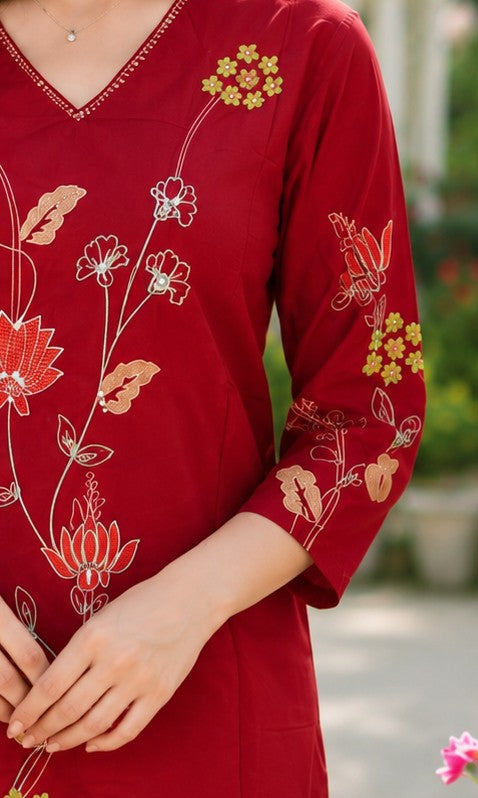 Red Embroidered and Sequin handwork Straight Kurta set with dupatta for women with and Embroidery Handwork on sleeves for a Beautiful Elegant look