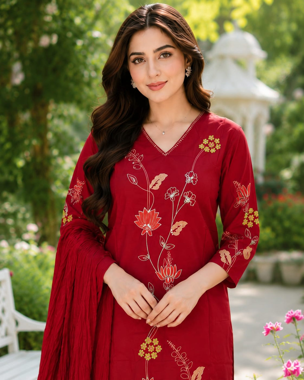 Red Embroidered and Sequin handwork Straight Kurta set with dupatta for women with and Embroidery Handwork on sleeves for a Beautiful Elegant look