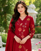 Red Embroidered and Sequin handwork Straight Kurta set with dupatta for women with and Embroidery Handwork on sleeves for a Beautiful Elegant look
