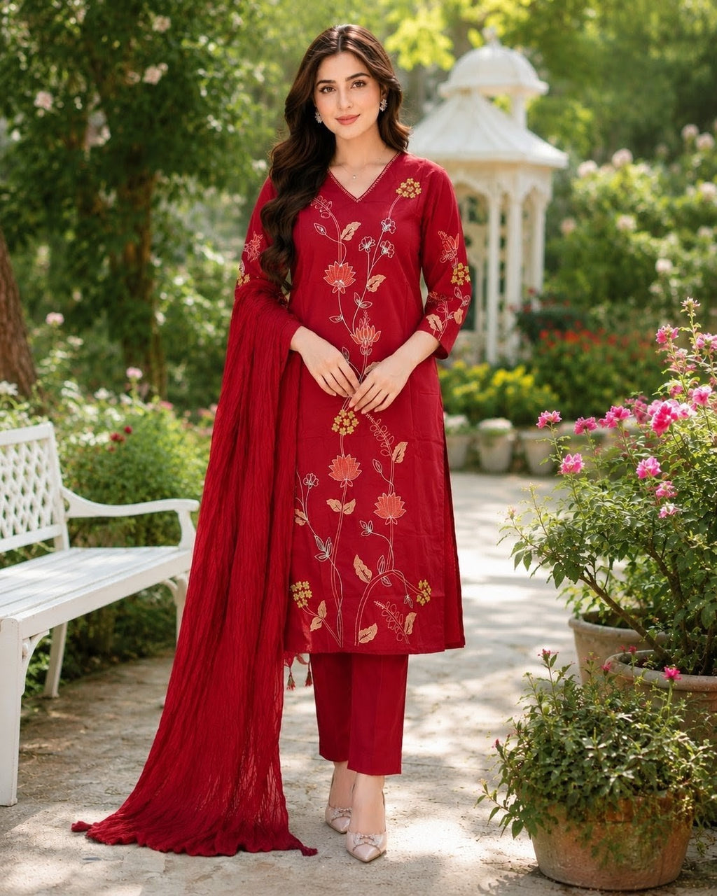 Red Embroidered and Sequin handwork Straight Kurta set with dupatta for women with and Embroidery Handwork on sleeves for a Beautiful Elegant look