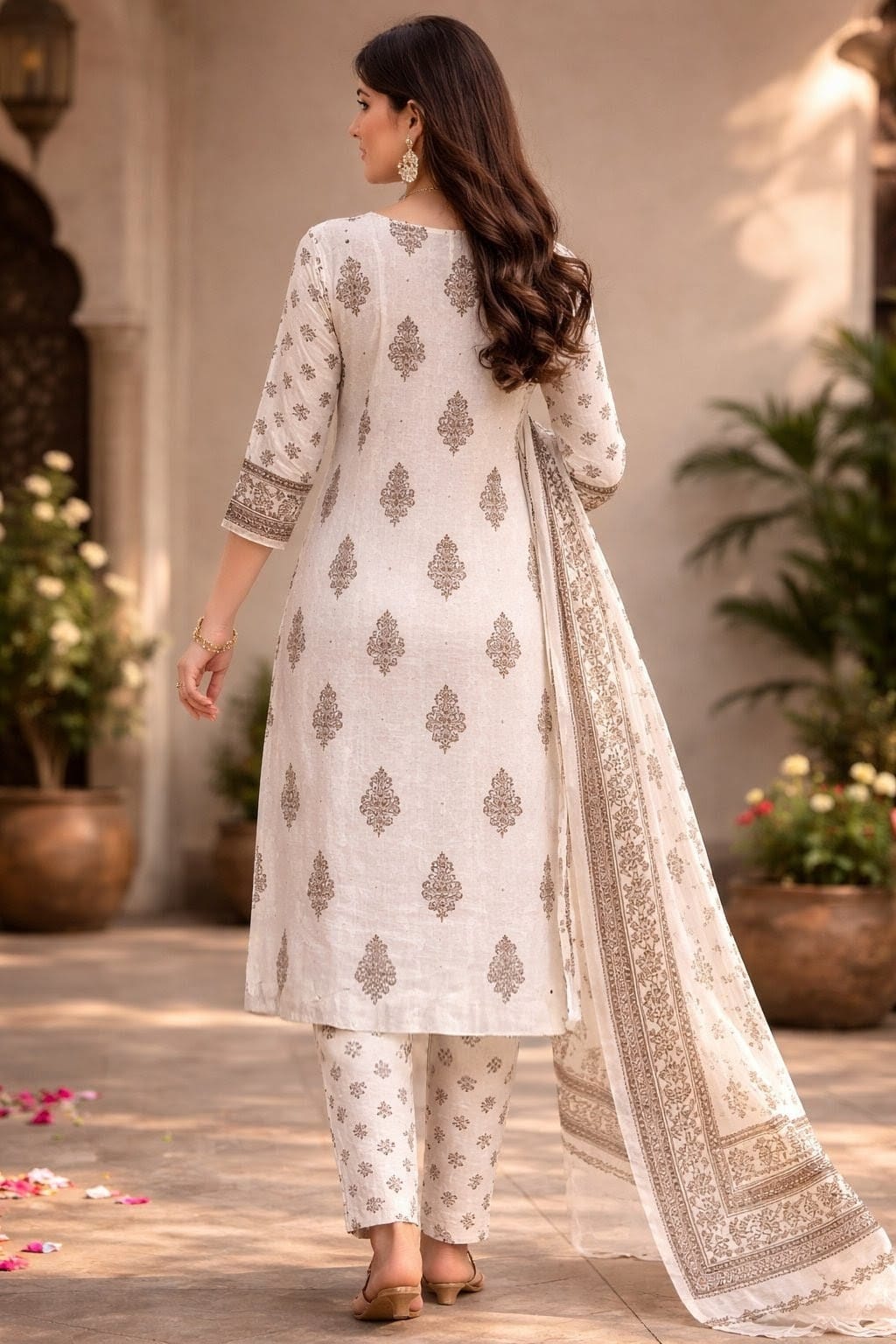 OffWhite colour with brown colour Handblock printed Straight 3 pcs Kurta set for women with Sequin handwork detailing on neckline