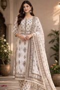OffWhite colour with brown colour Handblock printed Straight 3 pcs Kurta set for women with Sequin handwork detailing on neckline