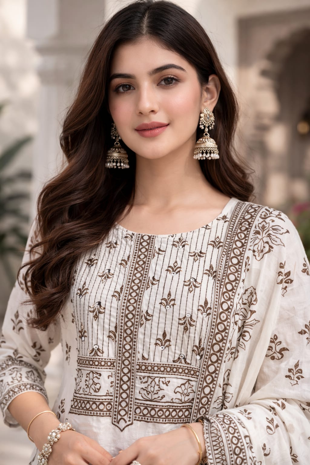 OffWhite colour with brown colour Handblock printed Straight 3 pcs Kurta set for women with Sequin handwork detailing on neckline