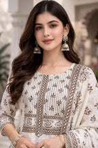 OffWhite colour with brown colour Handblock printed Straight 3 pcs Kurta set for women with Sequin handwork detailing on neckline