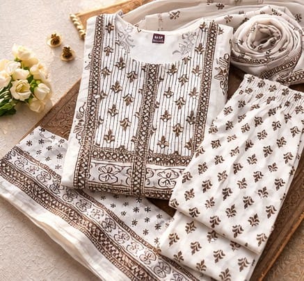 OffWhite colour with brown colour Handblock printed Straight 3 pcs Kurta set for women with Sequin handwork detailing on neckline