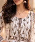 OffWhite colour with brown colour Handblock printed Straight 3 pcs Kurta set for women with Sequin handwork detailing on neckline