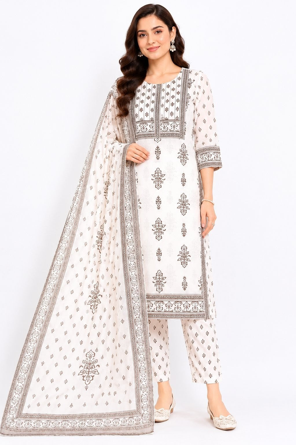 OffWhite colour with brown colour Handblock printed Straight 3 pcs Kurta set for women with Sequin handwork detailing on neckline