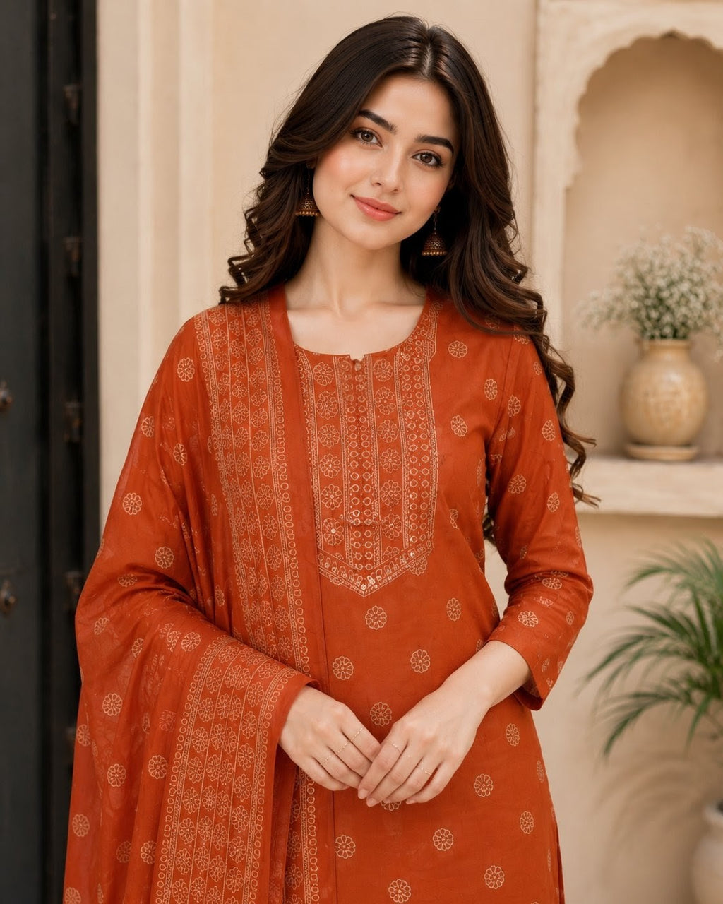 Women's Cotton Printed Kurta Pant Dupatta Set | Rust Orange Straight Kurta Set with Regular Pants & Printed Dupatta | Ethnic Wear for Casual, Office & Festive Wear