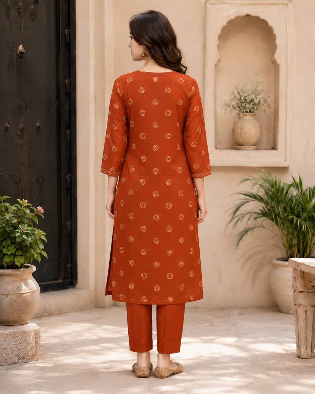 Women's Cotton Printed Kurta Pant Dupatta Set | Rust Orange Straight Kurta Set with Regular Pants & Printed Dupatta | Ethnic Wear for Casual, Office & Festive Wear