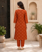 Women's Cotton Printed Kurta Pant Dupatta Set | Rust Orange Straight Kurta Set with Regular Pants & Printed Dupatta | Ethnic Wear for Casual, Office & Festive Wear