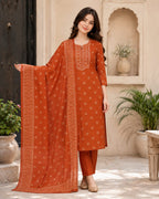 Women's Cotton Printed Kurta Pant Dupatta Set | Rust Orange Straight Kurta Set with Regular Pants & Printed Dupatta | Ethnic Wear for Casual, Office & Festive Wear