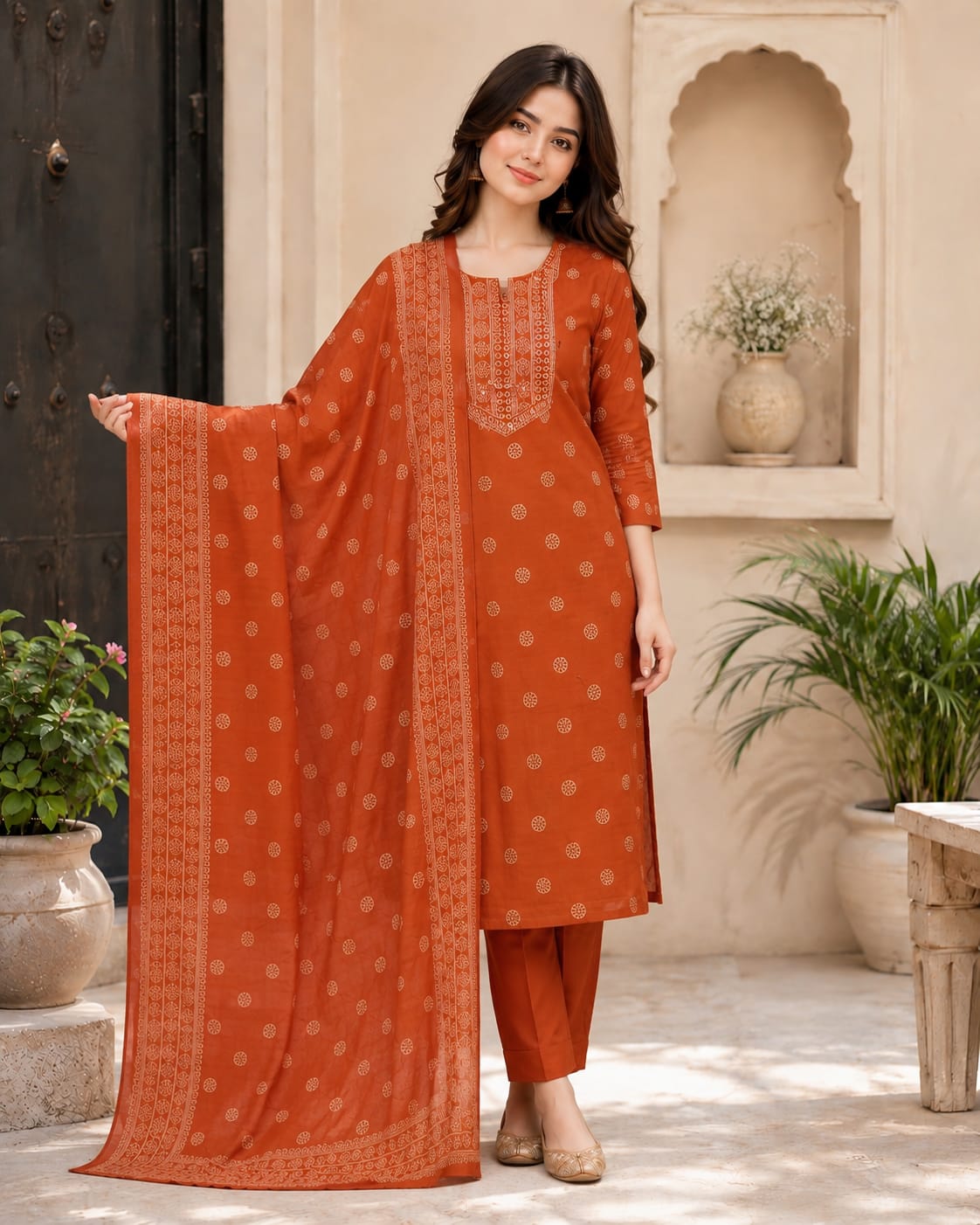 Women's Cotton Printed Kurta Pant Dupatta Set | Rust Orange Straight Kurta Set with Regular Pants & Printed Dupatta | Ethnic Wear for Casual, Office & Festive Wear