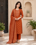 Women's Cotton Printed Kurta Pant Dupatta Set | Rust Orange Straight Kurta Set with Regular Pants & Printed Dupatta | Ethnic Wear for Casual, Office & Festive Wear