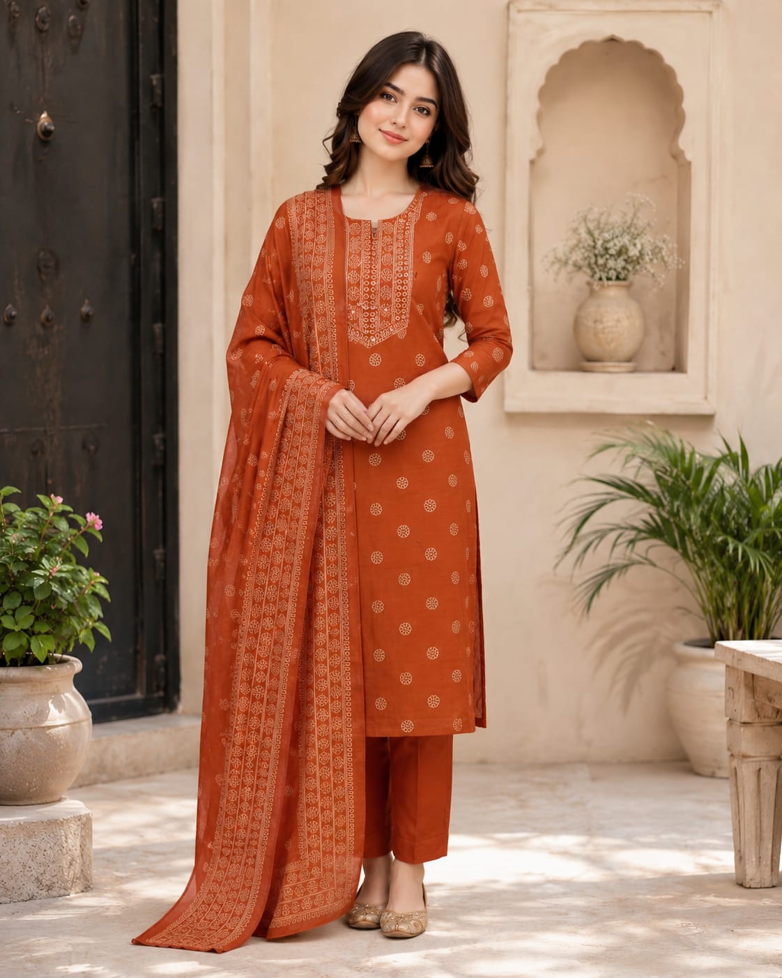 Women's Cotton Printed Kurta Pant Dupatta Set | Rust Orange Straight Kurta Set with Regular Pants & Printed Dupatta | Ethnic Wear for Casual, Office & Festive Wear