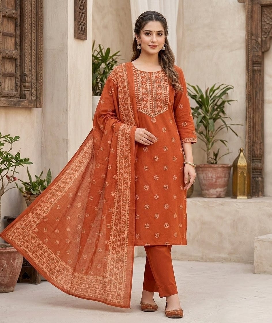 Women's Cotton Printed Kurta Pant Dupatta Set | Rust Orange Straight Kurta Set with Regular Pants & Printed Dupatta | Ethnic Wear for Casual, Office & Festive Wear