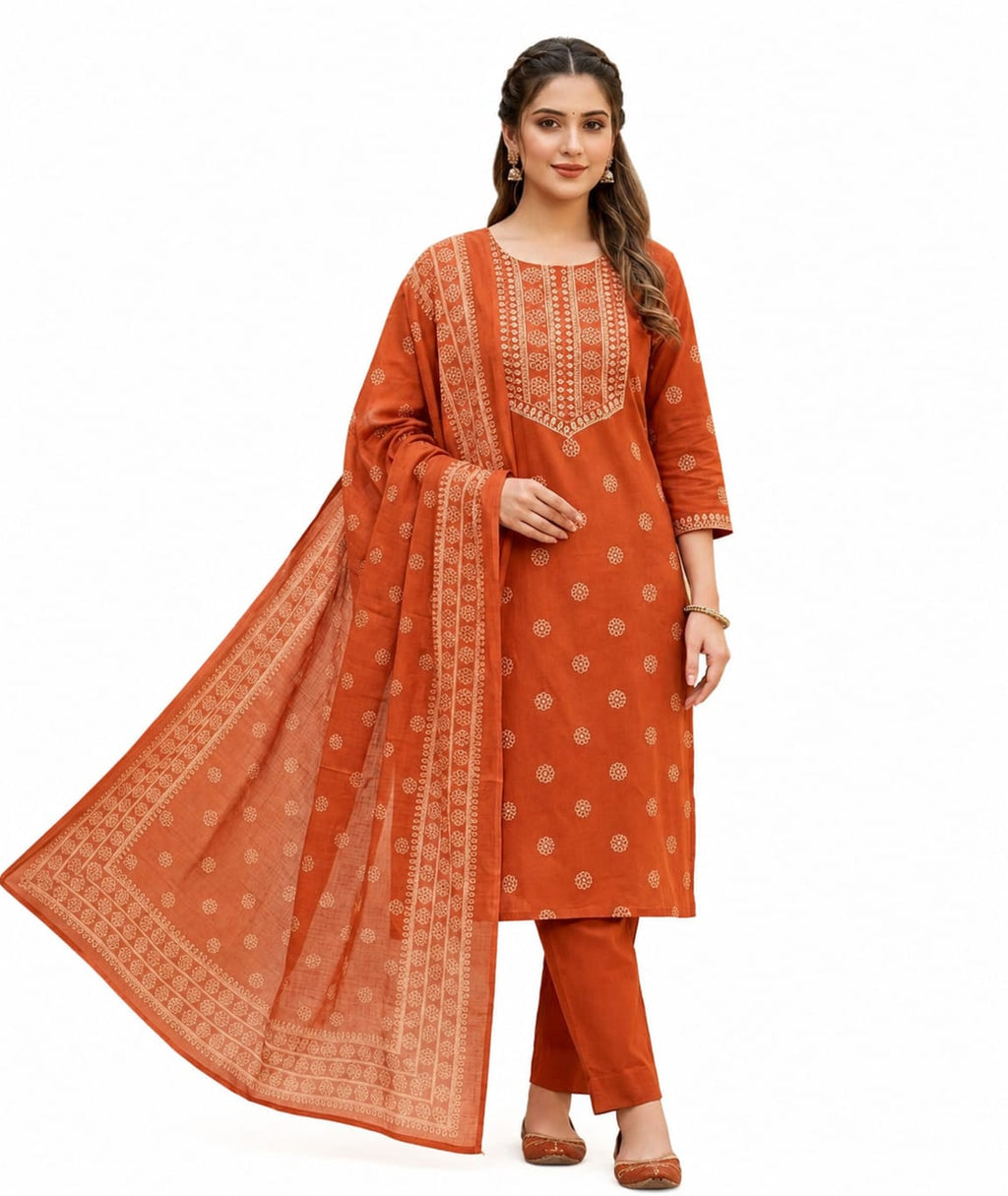 Women's Cotton Printed Kurta Pant Dupatta Set | Rust Orange Straight Kurta Set with Regular Pants & Printed Dupatta | Ethnic Wear for Casual, Office & Festive Wear
