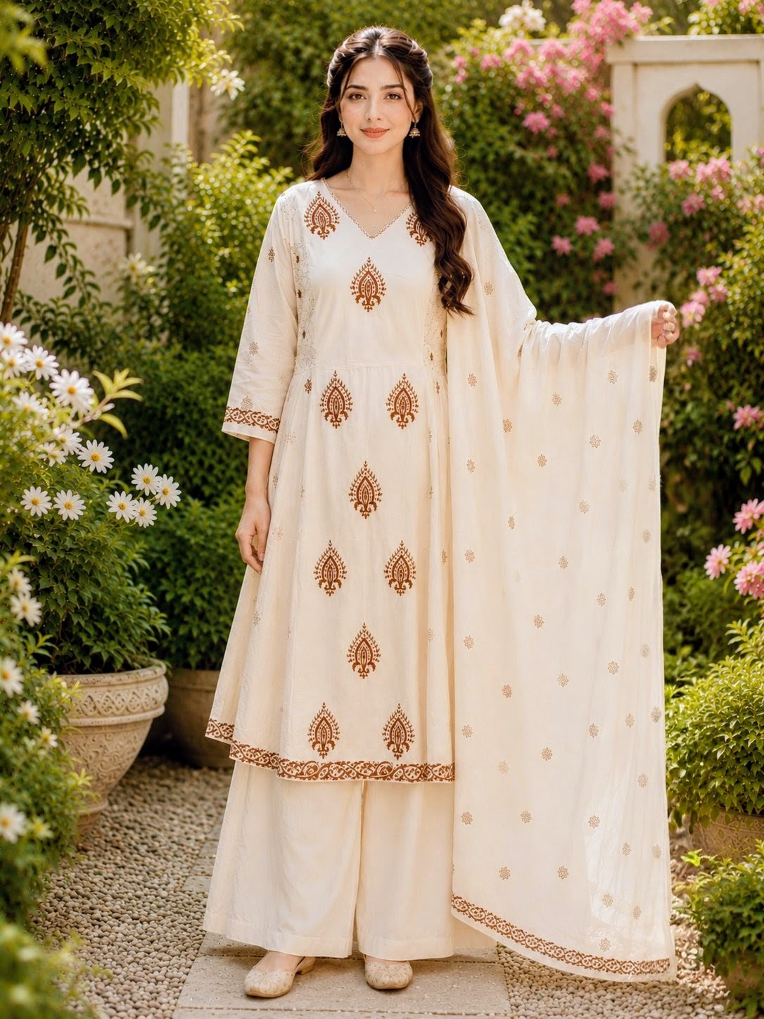Off-White Handblock printed A-line 3 pcs Kurta set for women with Sequin handwork detailing and kantha embroidery work on neckline