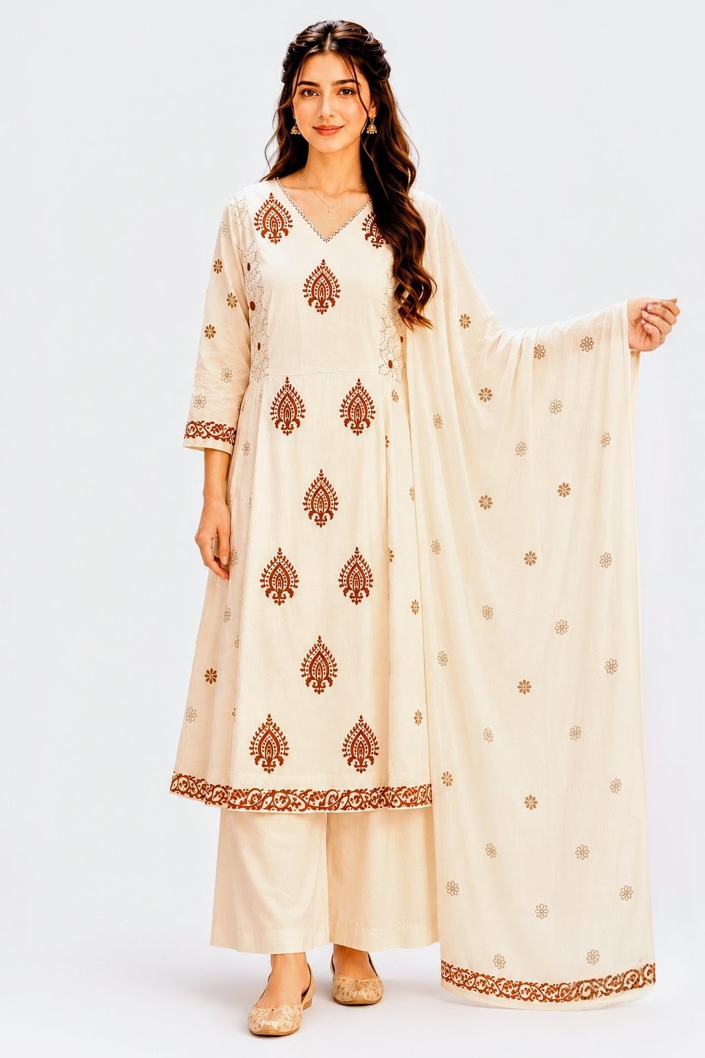 Off-White Handblock printed A-line 3 pcs Kurta set for women with Sequin handwork detailing and kantha embroidery work on neckline