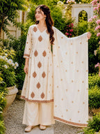 Off-White Handblock printed A-line 3 pcs Kurta set for women with Sequin handwork detailing and kantha embroidery work on neckline