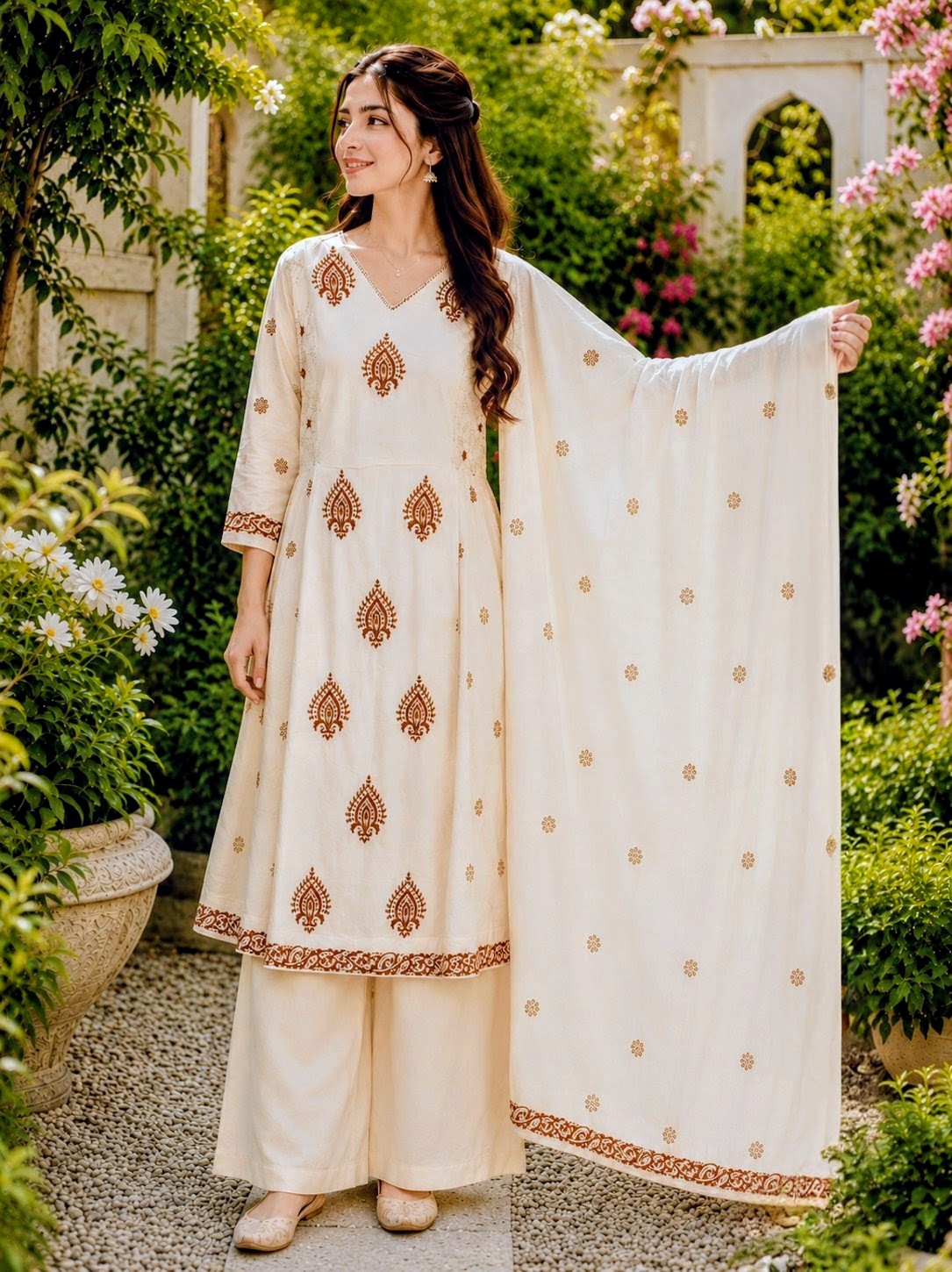 Off-White Handblock printed A-line 3 pcs Kurta set for women with Sequin handwork detailing and kantha embroidery work on neckline