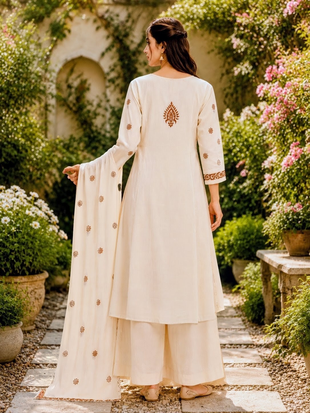 Off-White Handblock printed A-line 3 pcs Kurta set for women with Sequin handwork detailing and kantha embroidery work on neckline
