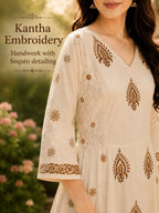 Off-White Handblock printed A-line 3 pcs Kurta set for women with Sequin handwork detailing and kantha embroidery work on neckline
