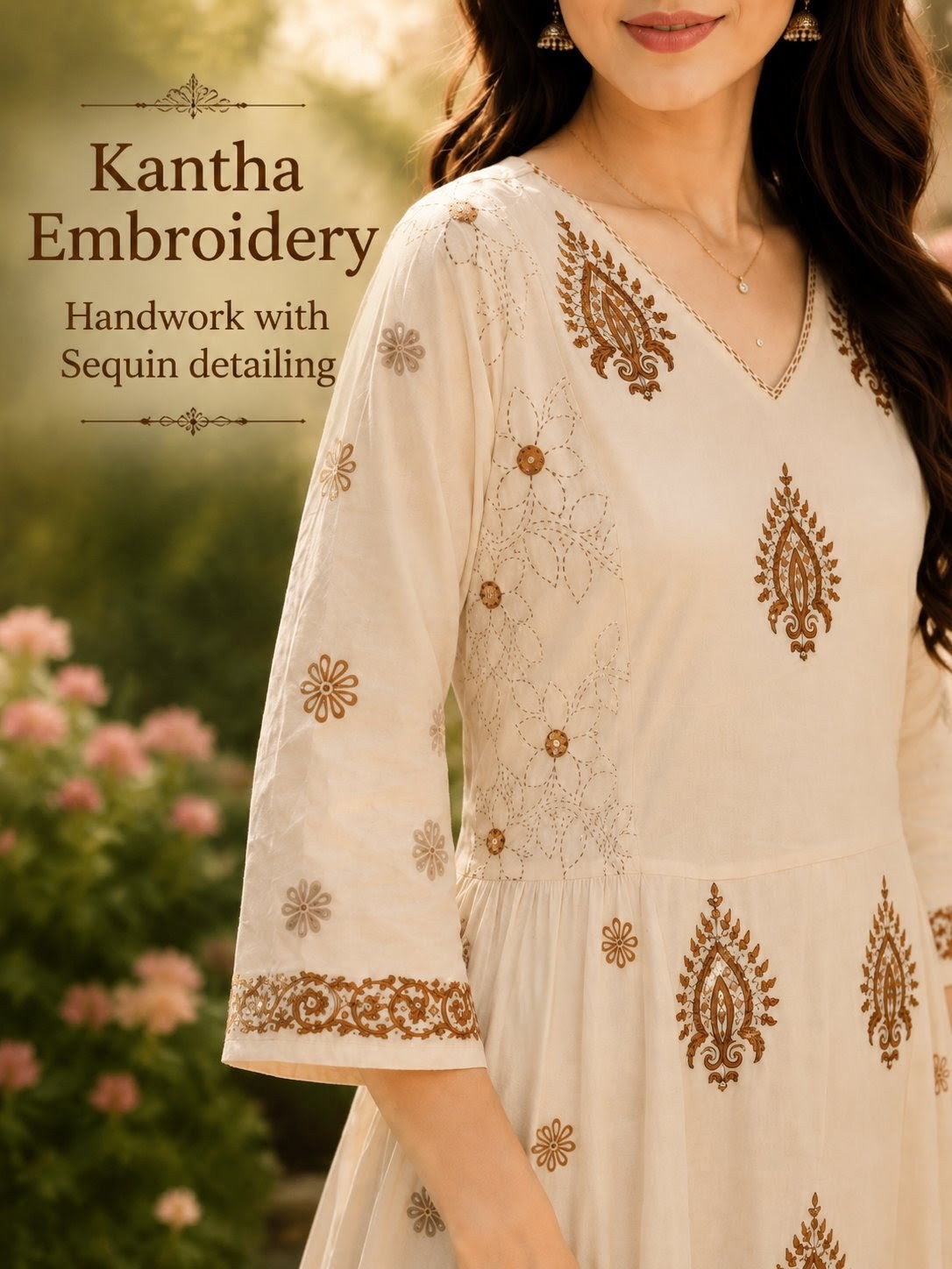 Off-White Handblock printed A-line 3 pcs Kurta set for women with Sequin handwork detailing and kantha embroidery work on neckline