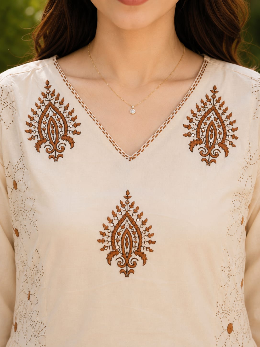 Off-White Handblock printed A-line 3 pcs Kurta set for women with Sequin handwork detailing and kantha embroidery work on neckline