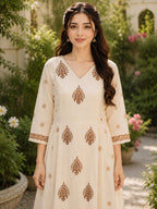Off-White Handblock printed A-line 3 pcs Kurta set for women with Sequin handwork detailing and kantha embroidery work on neckline