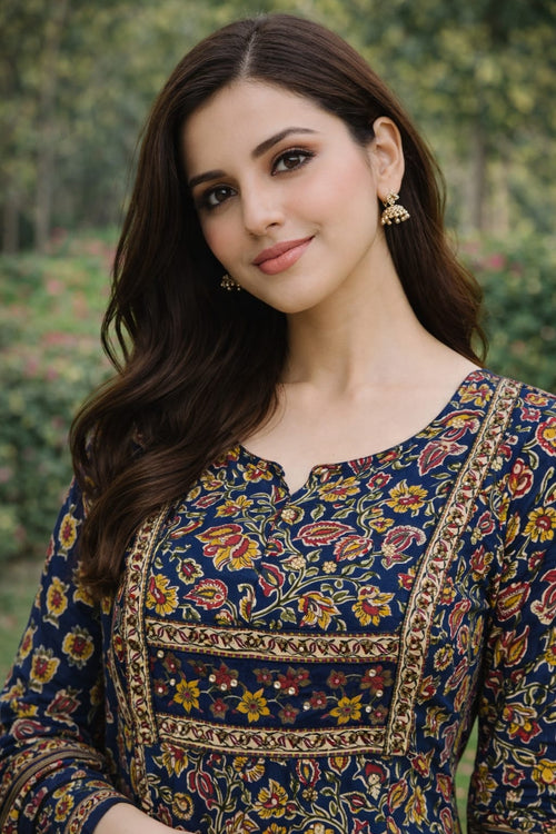 Blue Floral Sequin Anarkali Set with Dupatta