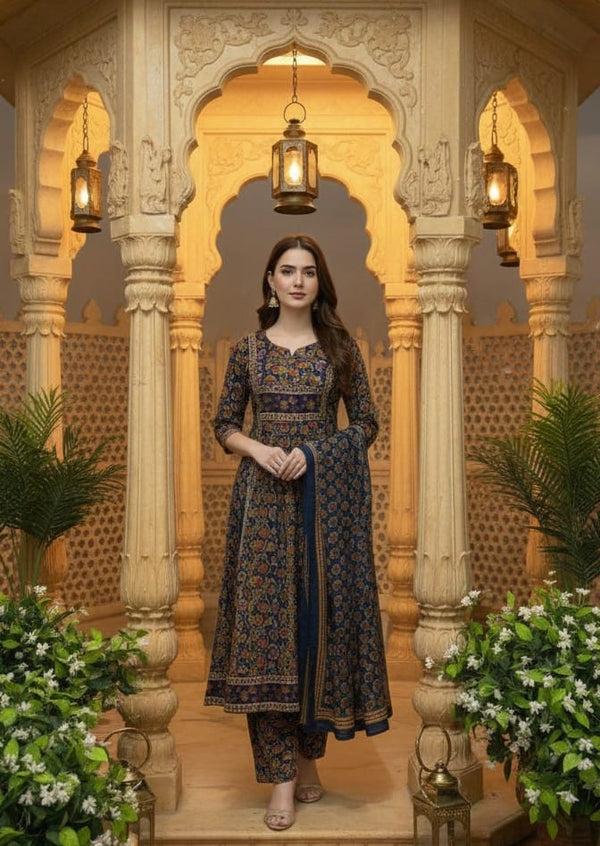 Blue Floral Sequin Anarkali Set with Dupatta