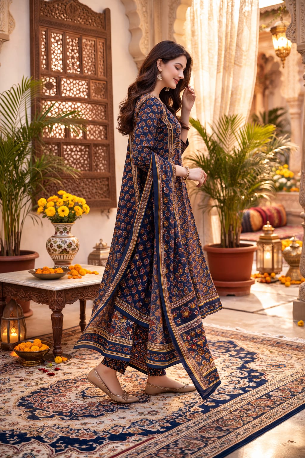 Blue Floral Sequin Anarkali Set with Dupatta