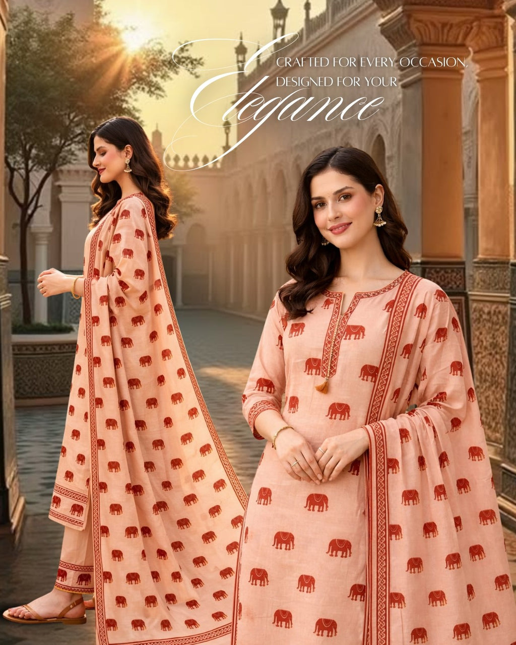 Pastel Peach Elephant Handblock Kurta Set with Sequin & Tassels