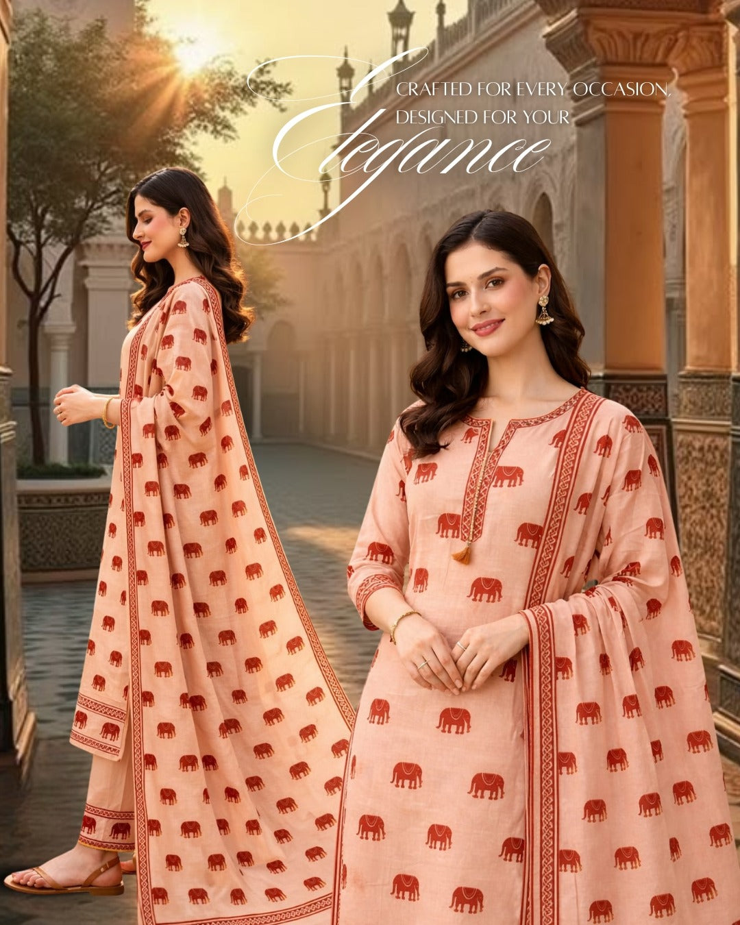 Pastel Peach Elephant Handblock Kurta Set with Sequin & Tassels